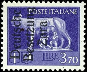 Zara 3, 70 liras postal stamp with overprint ... 