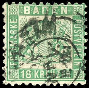 Baden 18 Kr. grün, gestempelt K2 MANNHEIM ... 