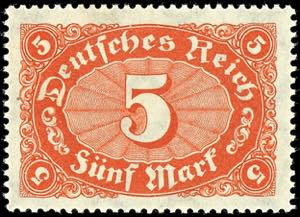 German Reich 5 M. Numerals red orange, in ... 