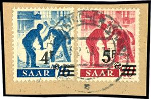 Saar 5 Fr. On 20 Pfg postal stamp and 4 Fr. ... 
