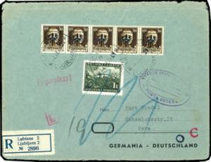 Ljubljana 30 C. Postal stamp (5) and 1 liras ... 