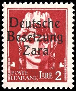Zara 2 liras postal stamp, overprint in type ... 