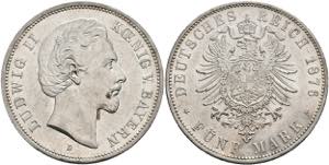 Bavaria 5 Mark, 1876, Ludwig II., tiny edge ... 