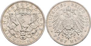 Bremen 5 Mark, 1906, kl. Rf., vz. J. 60