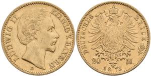 Bavaria 20 Mark, 1873, Ludwig II., ss. J. 194