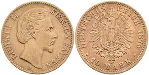Bavaria 10 Mark, 1875, Ludwig II., small ... 