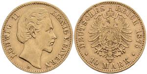 Bavaria 10 Mark, 1875, Ludwig II., ss. J. 196