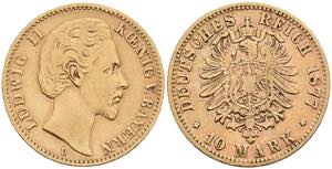 Bavaria 10 Mark, 1877, Ludwig II., ss. J. 196