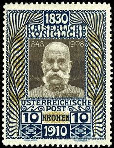 Austria 1910, 10 kreuzer \80. Birthday ... 