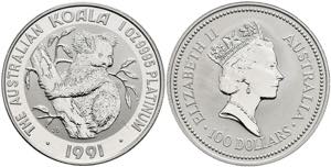 Australien 100 Dollars, Platin, 1991, Koala, ... 