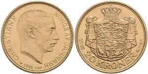 Denmark 20 coronas, Gold, 1915, Christian X, ... 