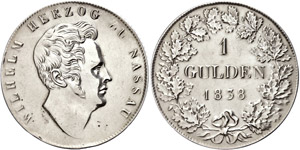 Nassau Grafschaft 1 Gulden, 1838, Wilhelm ... 