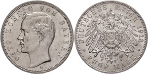 Bavaria 5 Mark, 1913, Otto, margin fault, ... 