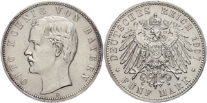 Bavaria 5 Mark, 1907, Otto, watermark. Edge ... 