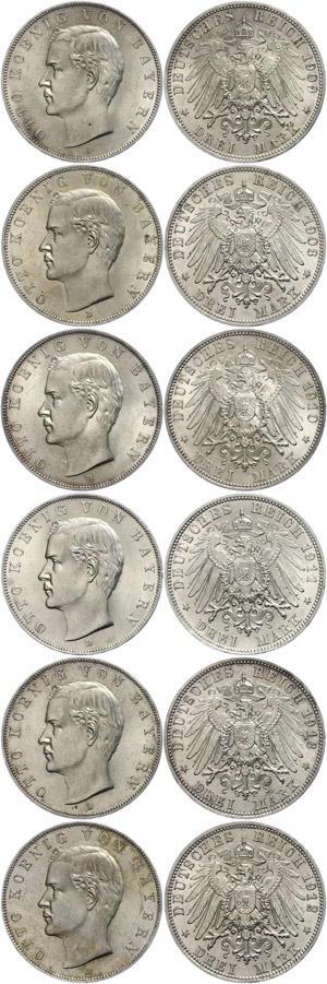 Bavaria 3 Mark, 1908-1913, Otto, 1908, 1909, ... 