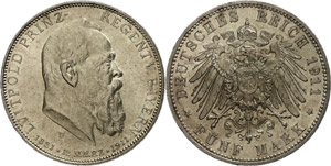 Bavaria 5 Mark, 1911, Luitpold, 90. ... 