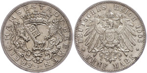 Bremen 5 Mark, 1906, kl. Rf., vz., Katalog: ... 