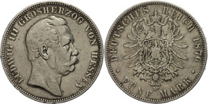 Hesse 5 Mark, 1875, Ludwig III., s, ... 