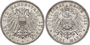 Lübeck 3 Mark, 1911, Doppeladler, vz, ... 