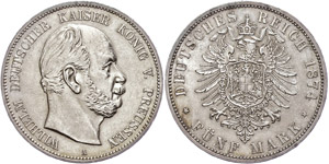 Prussia 5 Mark, 1874, Wilhelm I., small edge ... 