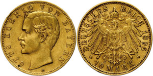 Bavaria 10 Mark, 1896, Otto, very fine., ... 