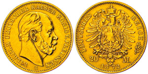 Prussia 20 Mark, 1872, Wilhelm I., small ... 