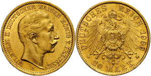 Prussia 20 Mark, 1909, Wilhelm II., Mzz A, ... 