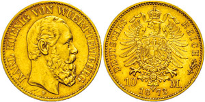 Württemberg 10 Mark, 1873, Karl, extremley ... 