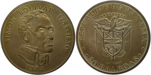 Bolivia 20 Balboas silver, 1974, simon ... 
