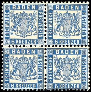 Baden 6 Kreuzer ultramarin, Viererblock, ... 