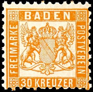 Baden 30 Kreuzer lebhaftgelborange, tadellos ... 