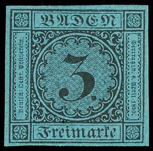 Baden 3 Kreuzer schwarz auf blau, Neudruck ... 