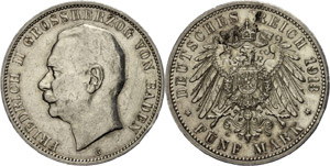 Baden 5 Mark, 1913, Frederic II., margin ... 