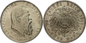 Bayern 5 Mark, 1911, Luitpold, 90. ... 