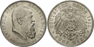 Bavaria 5 Mark, 1911, Luitpold, on his ... 