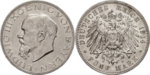 Bavaria 5 Mark, 1914, Ludwig III., margin ... 