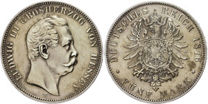 Hesse 5 Mark, 1876, Ludwig III., aversum and ... 