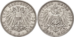 Lübeck 3 Mark, 1908, kl. Rf., ss-vz., ... 