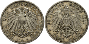 Lübeck 3 Mark, 1911, kl. Rf., ss., Katalog: ... 