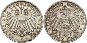 Lübeck 5 Mark, 1907, Randfehler, vz., ... 