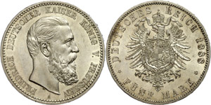 Preußen 5 Mark, 1888, Friedrich III., kl. ... 