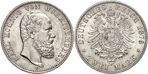 Württemberg 2 Mark, 1876, Karl, extremly ... 