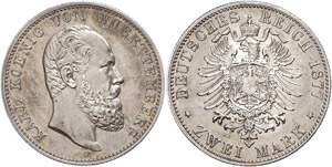 Württemberg 2 Mark, 1877, Karl, extremley ... 