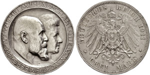 Württemberg 3 Mark, 1911, Wilhelm with his ... 