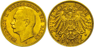 Baden 10 Mark, 1910, Friedrich II., wz. Rf., ... 