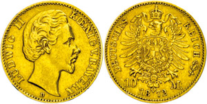 Bayern 10 Mark, 1872, Ludwig II., kleine ... 