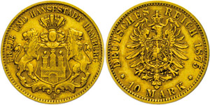 Hamburg 10 Mark, 1875, kl. Rf., ss., ... 