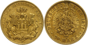 Hamburg 20 Mark, 1876, margin fault, very ... 