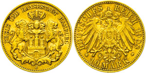 Hamburg 10 Mark, 1908, very fine to extremly ... 