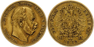 Prussia 10 Mark, 1872, Wilhelm I. embossing ... 